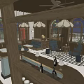 Cozy Restaurant Interior With Wooden Ceiling Pendant Lamps Arched Windows Booth Seating And Bar Counter