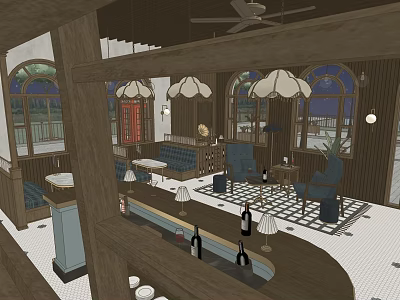 Cozy Restaurant Interior With Wooden Ceiling Pendant Lamps Arched Windows Booth Seating And Bar Counter 3d model