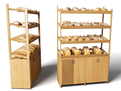 Wooden Bread Display Shelves With Multiple Tiers Various Bread Loaves And Cabinet Base 3d model