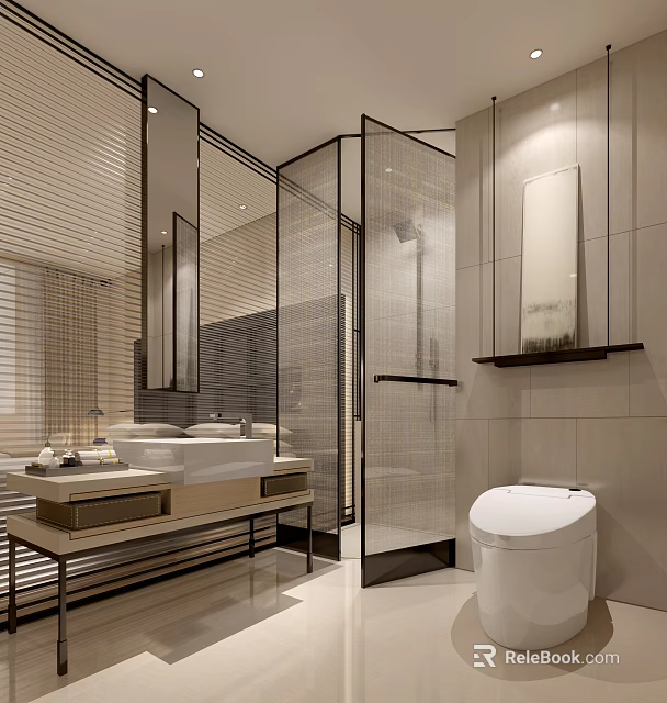 Modern Hotel Bathroom Interior With Glass Shower Enclosure Marble Vanity And Wall Mounted Toilet 3d model 