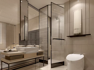 Modern Hotel Bathroom Interior With Glass Shower Enclosure Marble Vanity And Wall Mounted Toilet 3d model