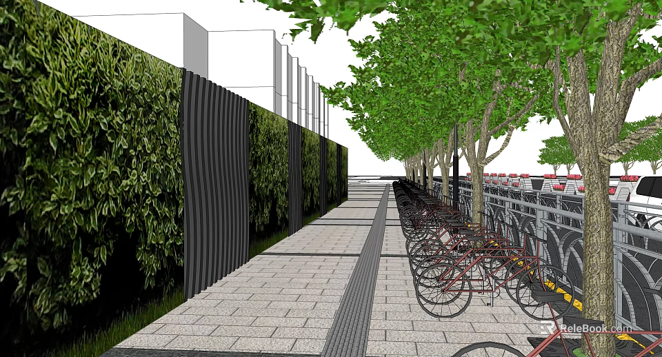 Urban Road Facilities Featuring Stone Paved Walkway Bicycle Parking Green Walls And Trees 3d model 