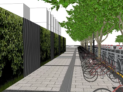 Urban Road Facilities Featuring Stone Paved Walkway Bicycle Parking Green Walls And Trees 3d model