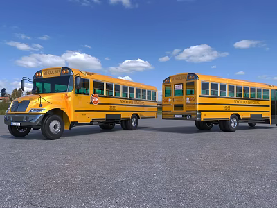 Two Yellow School Buses Parked On Open Gray Ground With Blue Sky And White Clouds 3d model
