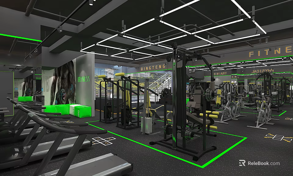 Modern Fitness Gym with Treadmills Strength Training Equipment Green Floor Markings and Ceiling Lights 3d model 