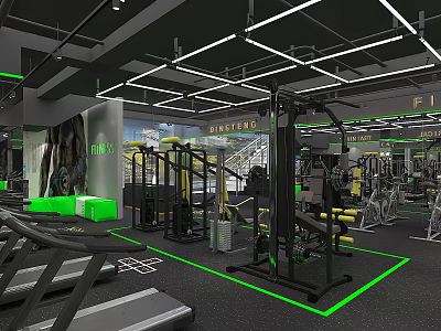 Modern Fitness Gym with Treadmills Strength Training Equipment Green Floor Markings and Ceiling Lights 3d model