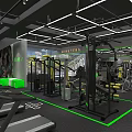 Modern Fitness Gym with Treadmills Strength Training Equipment Green Floor Markings and Ceiling Lights