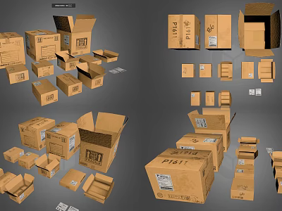Various Types of Open and Closed Cartons in Different Sizes and Stacked Arrangements 3d model