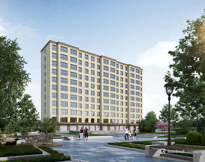 Residential Building With Beige Exterior Many Windows Multiple Floors And Lush Greenery Pedestrians 3d model 