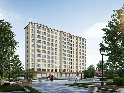 Residential Building With Beige Exterior Many Windows Multiple Floors And Lush Greenery Pedestrians 3d model