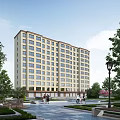 Residential Building With Beige Exterior Many Windows Multiple Floors And Lush Greenery Pedestrians