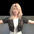 Blonde Game Movie Character in Black Jacket White Top Black Shorts Arms Outstretched Gray Background