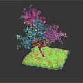 Cartoon Style Tree With Red Trunk Green Yellow Leaves And Red Flowers On Square Base