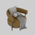 Beige Armchair With Rounded Armrests Wooden Legs And Gray Knitted Blanket