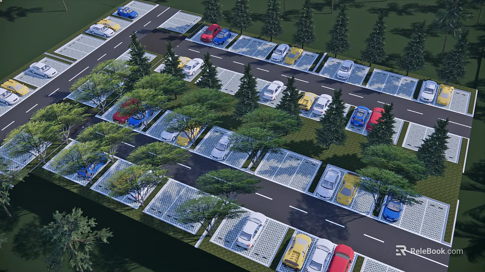 Eco Friendly Parking Lot Design With Trees Parked Cars And Green Spaces 3d model 