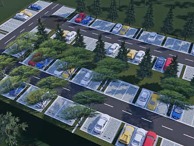 Eco Friendly Parking Lot Design With Trees Parked Cars And Green Spaces 3d model