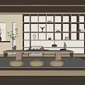 Japanese Zen Tea Room Interior With Illuminated Wooden Shelves Tea Sets And Floor Cushions