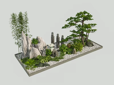 Garden Ornament With Stone Rocks Bamboo Pine Tree Small Statues Green Plants And White Pebbles 3d model