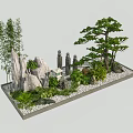 Garden Ornament With Stone Rocks Bamboo Pine Tree Small Statues Green Plants And White Pebbles