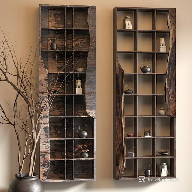 Chinese Style Wooden Etagere in Rustic Interior with Teapots Figurines and Branch Decorations 3d model 