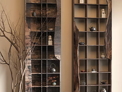 Chinese Style Wooden Etagere in Rustic Interior with Teapots Figurines and Branch Decorations 3d model