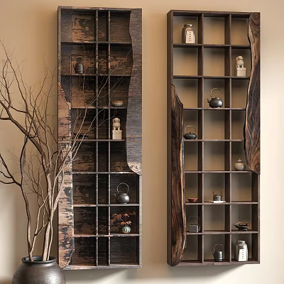 Chinese Style Wooden Etagere in Rustic Interior with Teapots Figurines and Branch Decorations 3d model