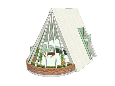 Modern Conical Building With White Sloped Roof Glass Windows Red Brick Round Base And Plants Inside 3d model