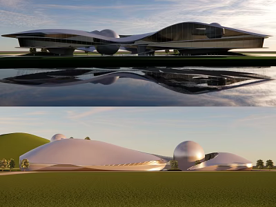 Modern Museum Building With Streamlined Design Spherical Structures And Reflective Water 3d model