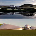 Modern Museum Building With Streamlined Design Spherical Structures And Reflective Water