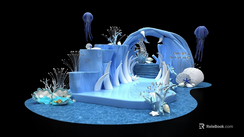 Underwater Themed Decorative Setup Featuring Blue Archway Jellyfish Coral Seashells And Starfish 3d model 