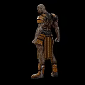 Muscular Warrior Character and Creature in Ornate Golden Silver Armor Standing Against Black Background