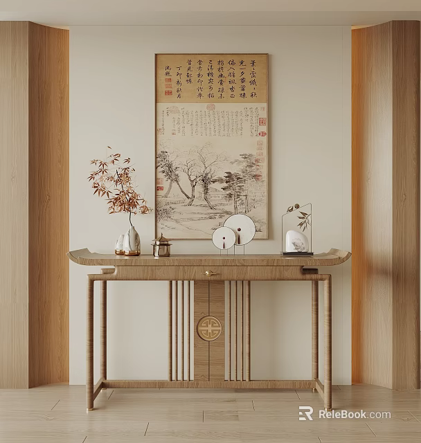 Traditional Entryway Interior Design With Console Table Vase Calligraphy And Decorative Items 3d model