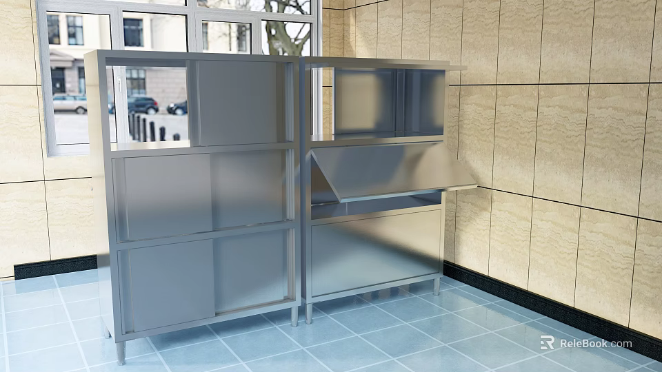 Modern Cafeteria Interior With Stainless Steel Counters Storage Cabinets And Tile Walls 3d model 