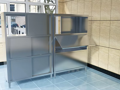 Modern Cafeteria Interior With Stainless Steel Counters Storage Cabinets And Tile Walls 3d model
