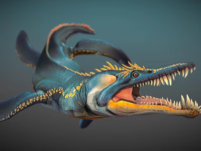 Aquatic Reptile With Blue Body Yellow Spots Open Mouth And Sharp Teeth 3D Rendering 3d model