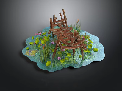 Small Water Scene With Wooden Bridge Lily Pads And Aquatic Plants 3d model