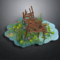 Small Water Scene With Wooden Bridge Lily Pads And Aquatic Plants