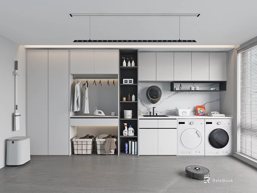 Modern Home Balcony Laundry Area With Washing Machine Dryer Cabinets Clothes Hanging And Storage Baskets 3d model 