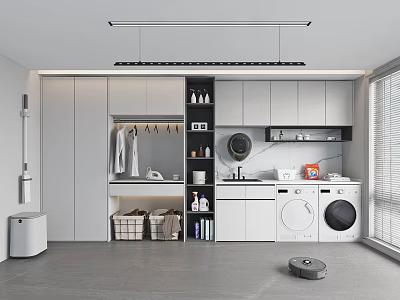 Modern Home Balcony Laundry Area With Washing Machine Dryer Cabinets Clothes Hanging And Storage Baskets 3d model