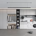 Modern Home Balcony Laundry Area With Washing Machine Dryer Cabinets Clothes Hanging And Storage Baskets