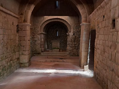 Cartoon Scene Of Ancient Stone Corridor With Arched Doors Stone Pillars And Top Window Light 3d model