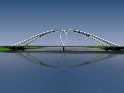Modern Arched Bridge With Heart Shaped Structure Spanning Water And Reflection In Blue Sky 3d model