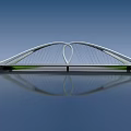Modern Arched Bridge With Heart Shaped Structure Spanning Water And Reflection In Blue Sky