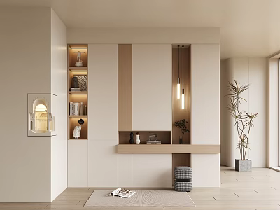 Modern Entryway Interior with Entryway Cabinet Side Cabinet Storage Shelves Decorative Lighting and Potted Plant 3d model