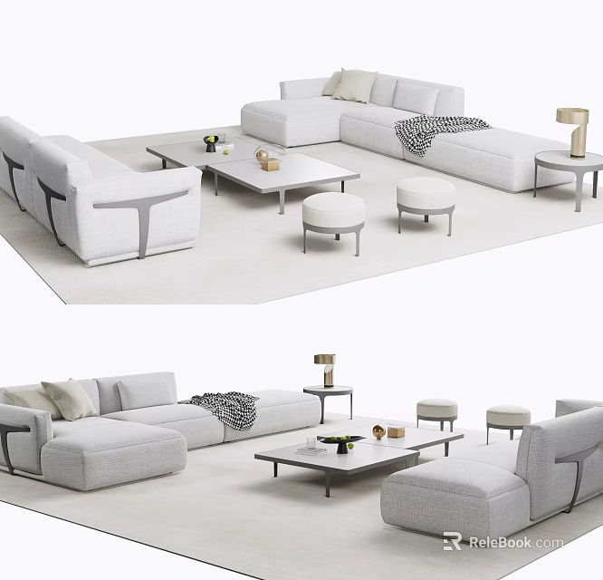Modern Light Gray Sofa Coffee Table Set With Stools Side Table Pillows And Throw Blanket 3d model