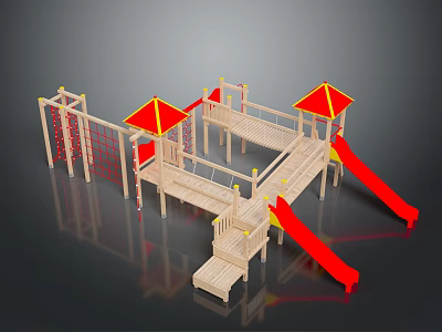 Wooden Children's Playground Structure With Red Slides Yellow Roofs Platforms And Climbing Nets 3d model