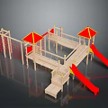 Wooden Children's Playground Structure With Red Slides Yellow Roofs Platforms And Climbing Nets