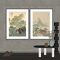 Chinese Landscape Paintings Hung On Wall With Modern Interior Decor Elements 3d model