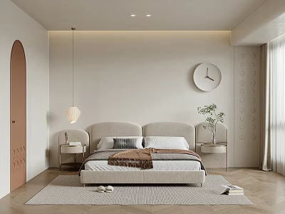 Modern Minimalist Bedroom Interior With Bed Area Rug Wall Clock And Pendant Light 3d model