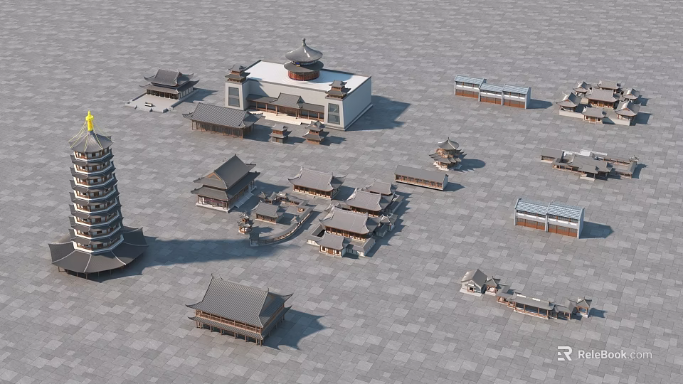 Ancient Architecture Complex With Traditional Roofs Pagoda And Courtyard Layout 3d model 